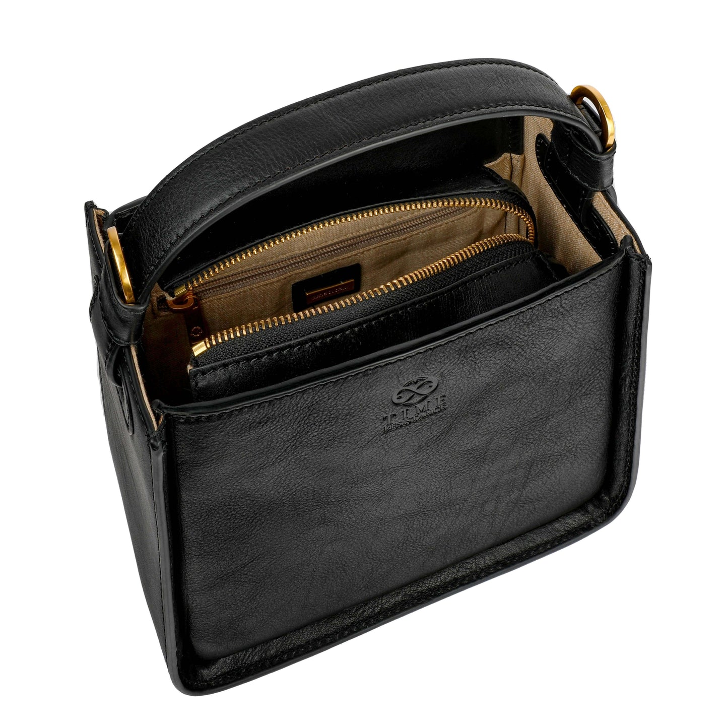 Black leather crossbody bag with gold zipper on a white background
