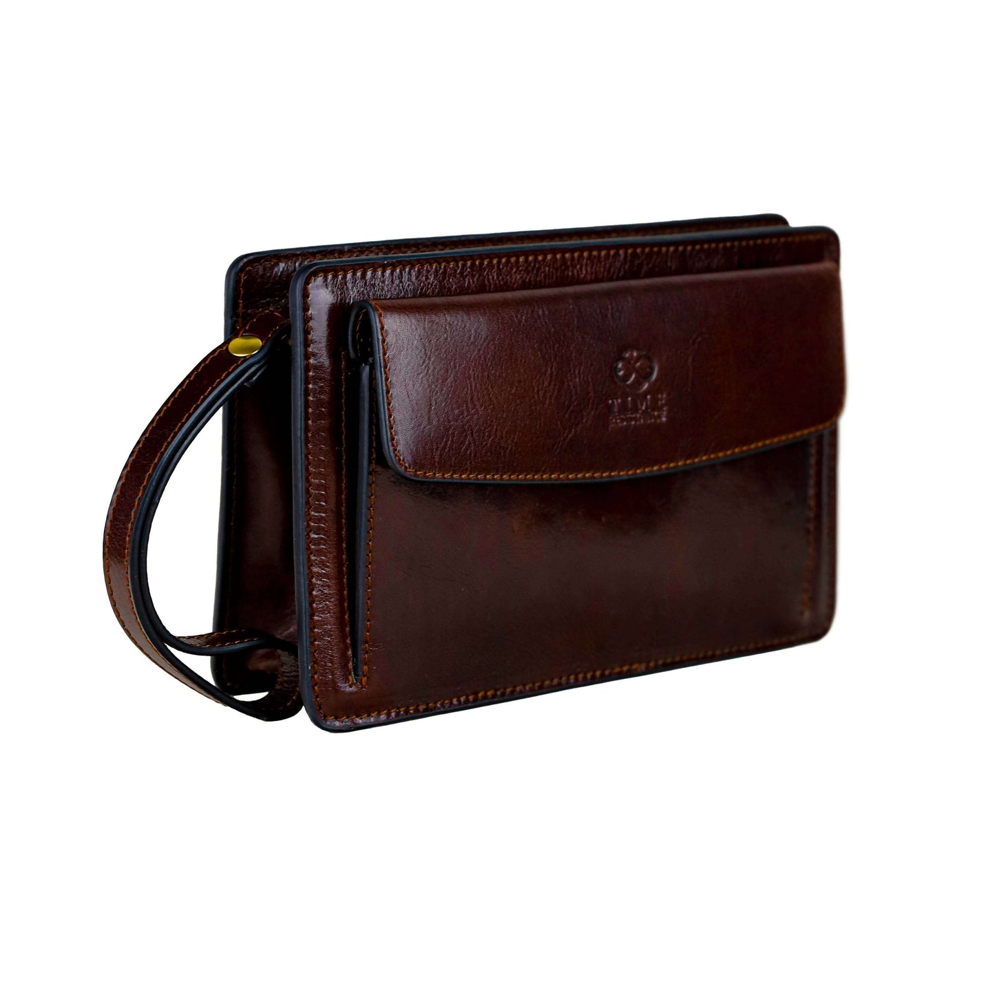 Brown leather clutch bag with strap on a white background