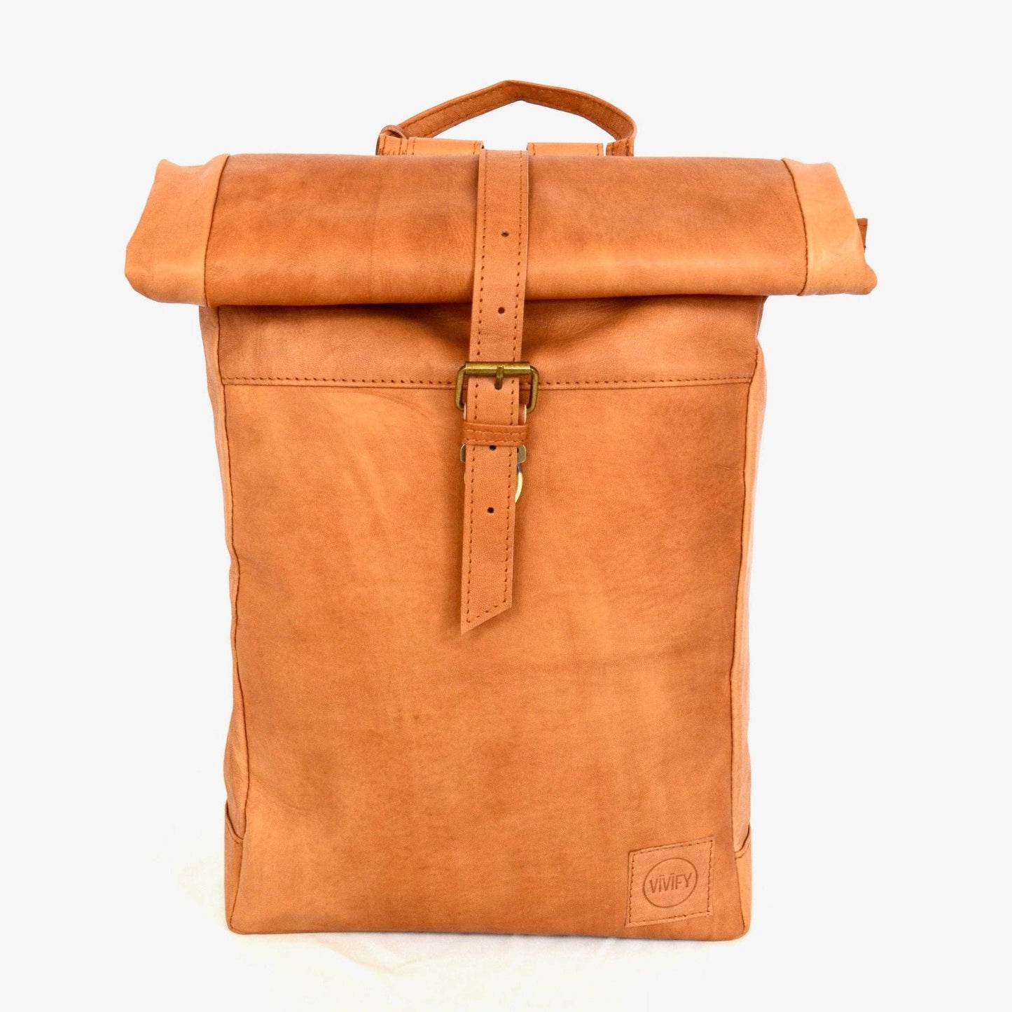 Brown leather backpack on a white background