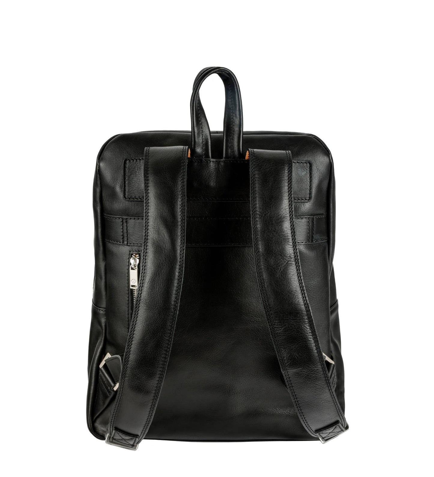 Black leather backpack on a white background