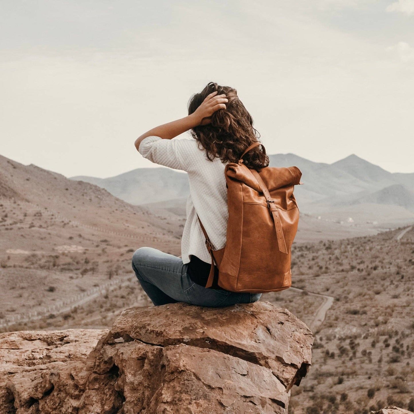Person with a brown backpack sitting on a rock overlooking a desert landscape with mountains.