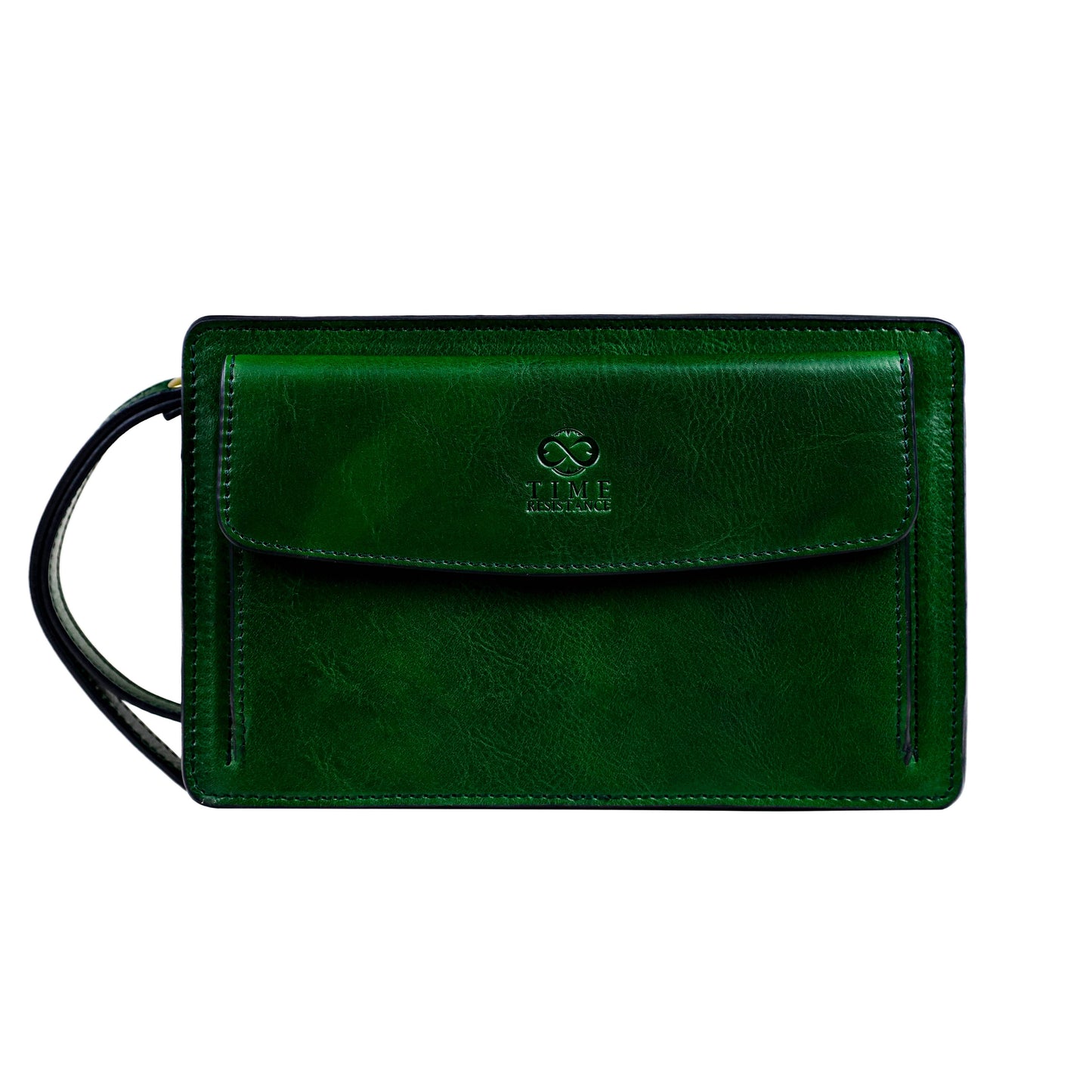 Green leather handbag with a strap on a white background