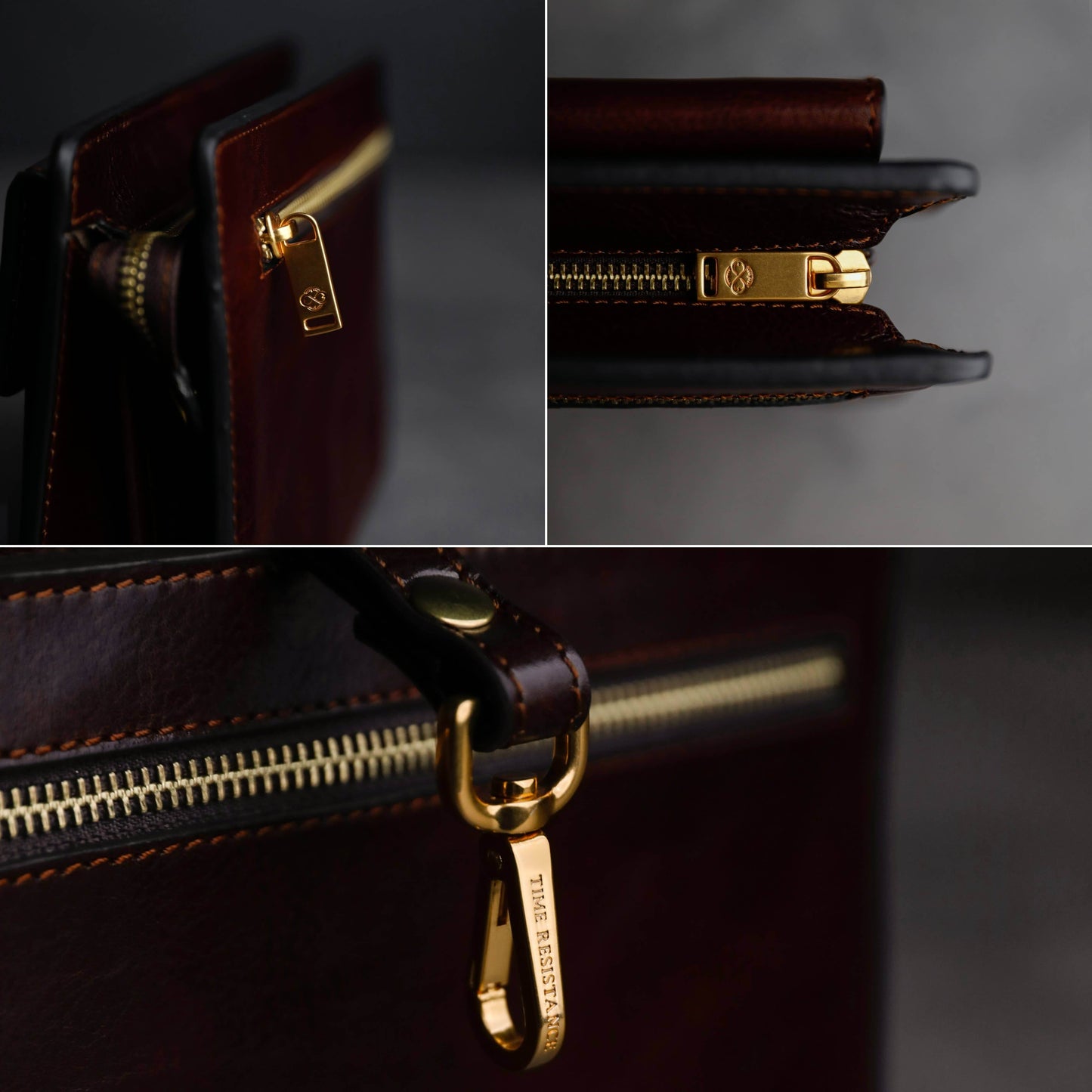 Collage of a brown leather bag with gold zipper and clasp on a dark background