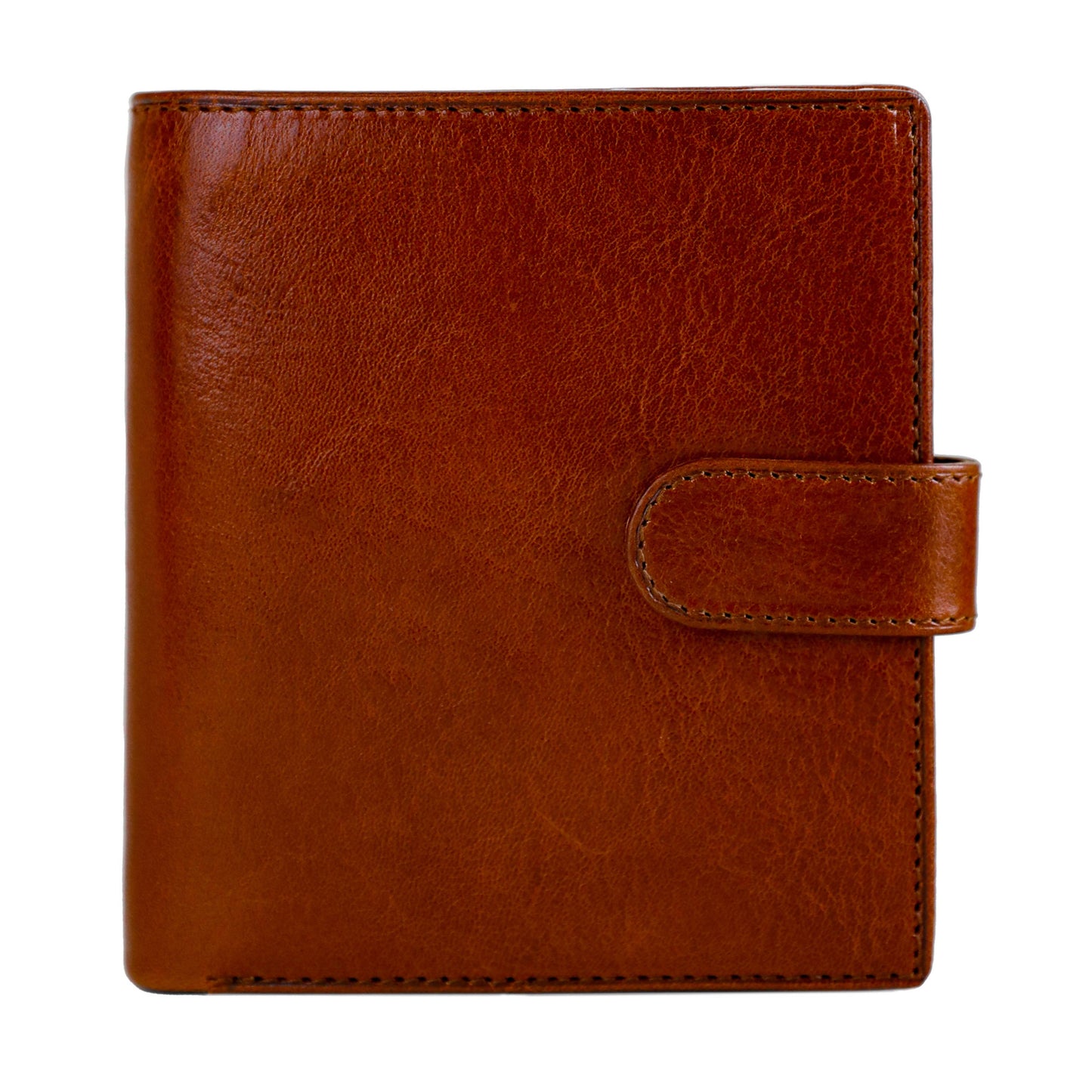 A brown leather bifold wallet with a snap closure.