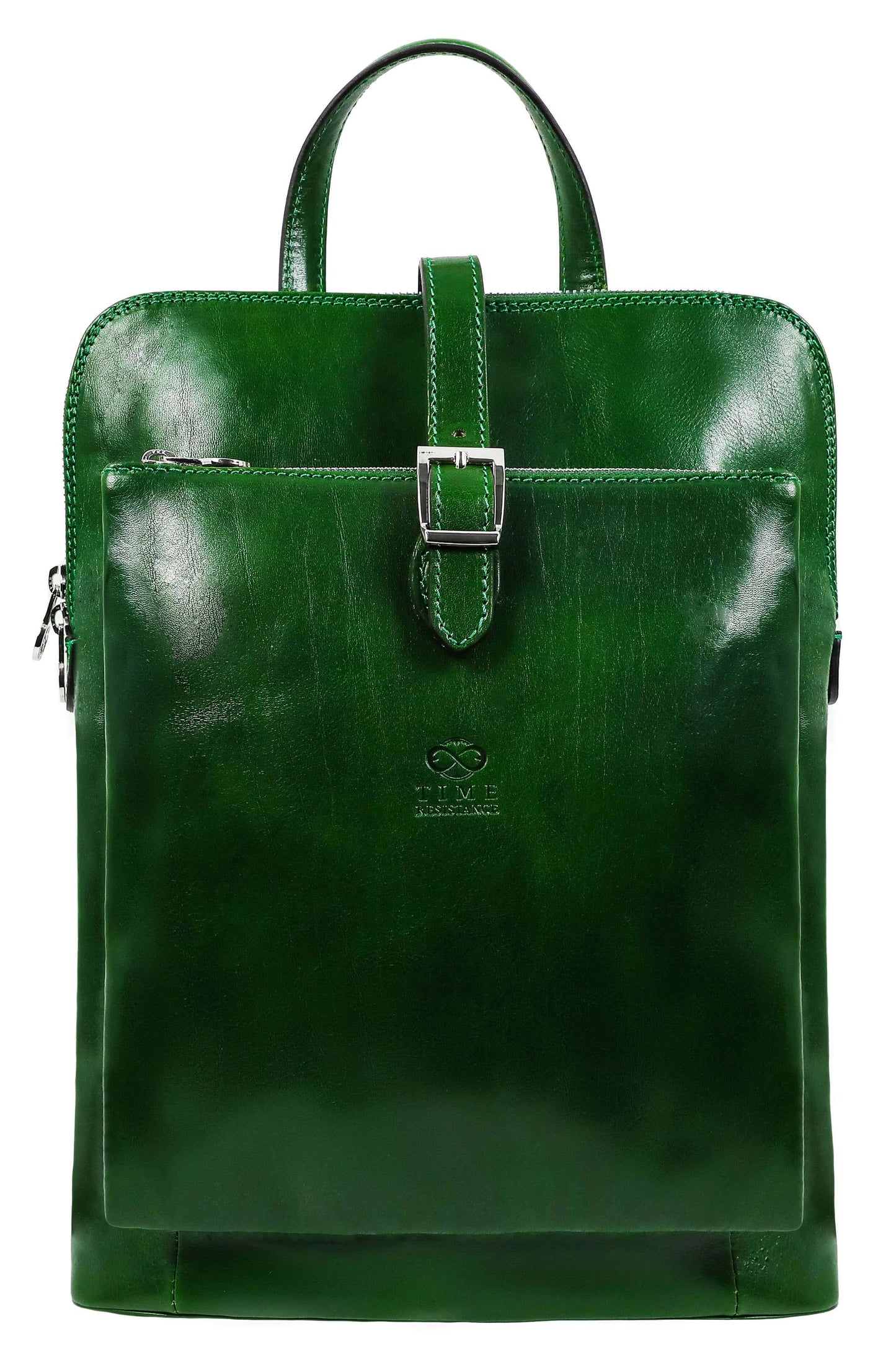 Green leather backpack with a buckle on a white background