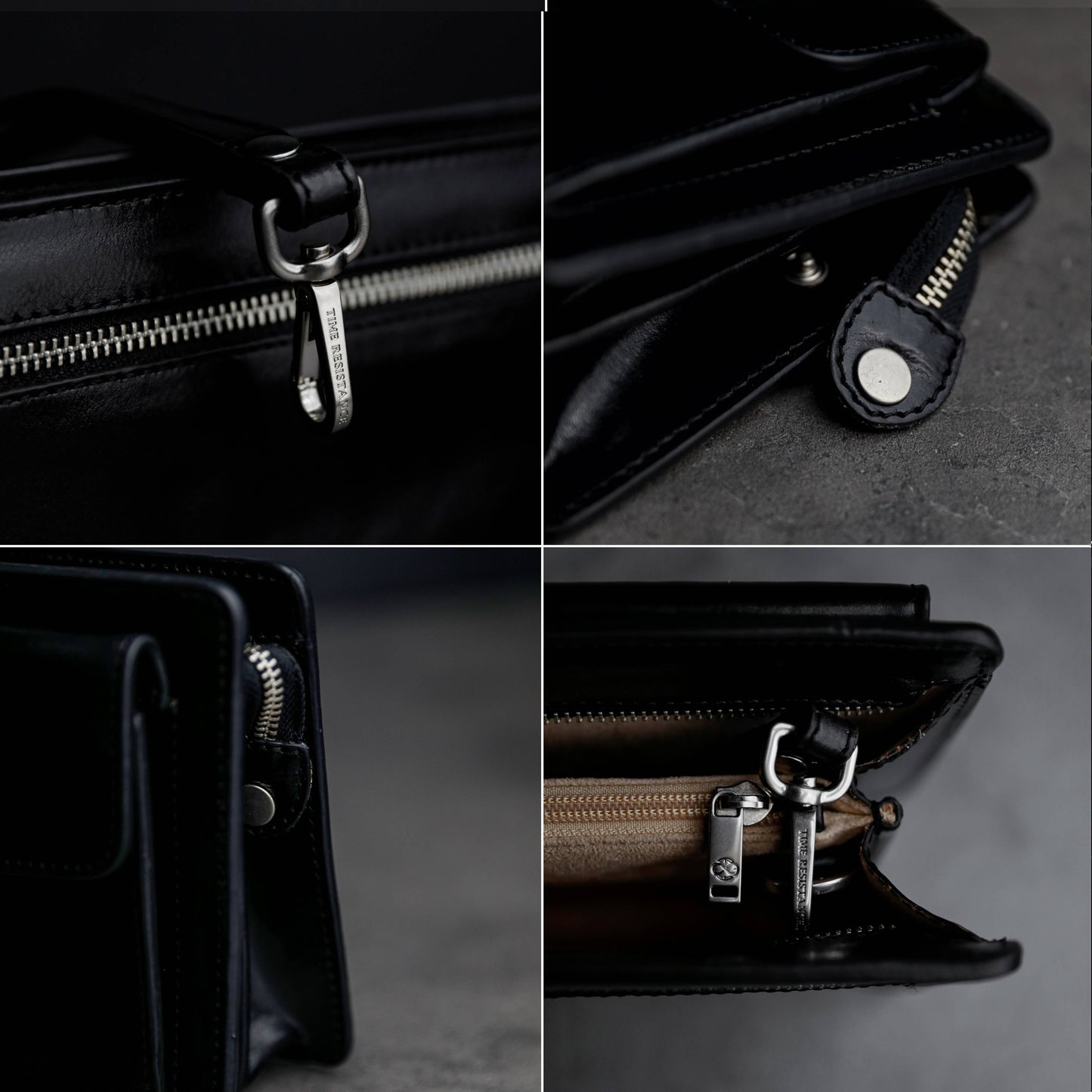 Close-up of a black leather bag with zipper details on a dark background