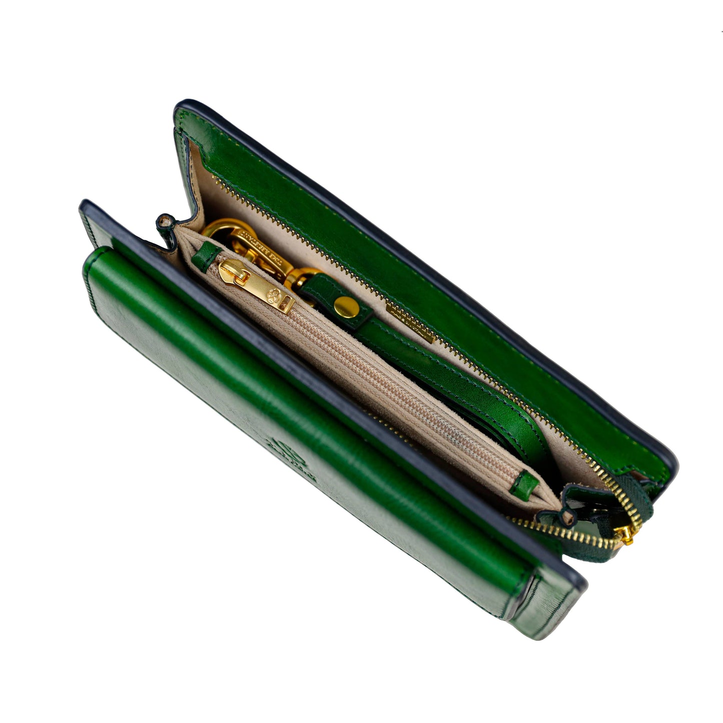 Green wallet with gold zipper on a white background