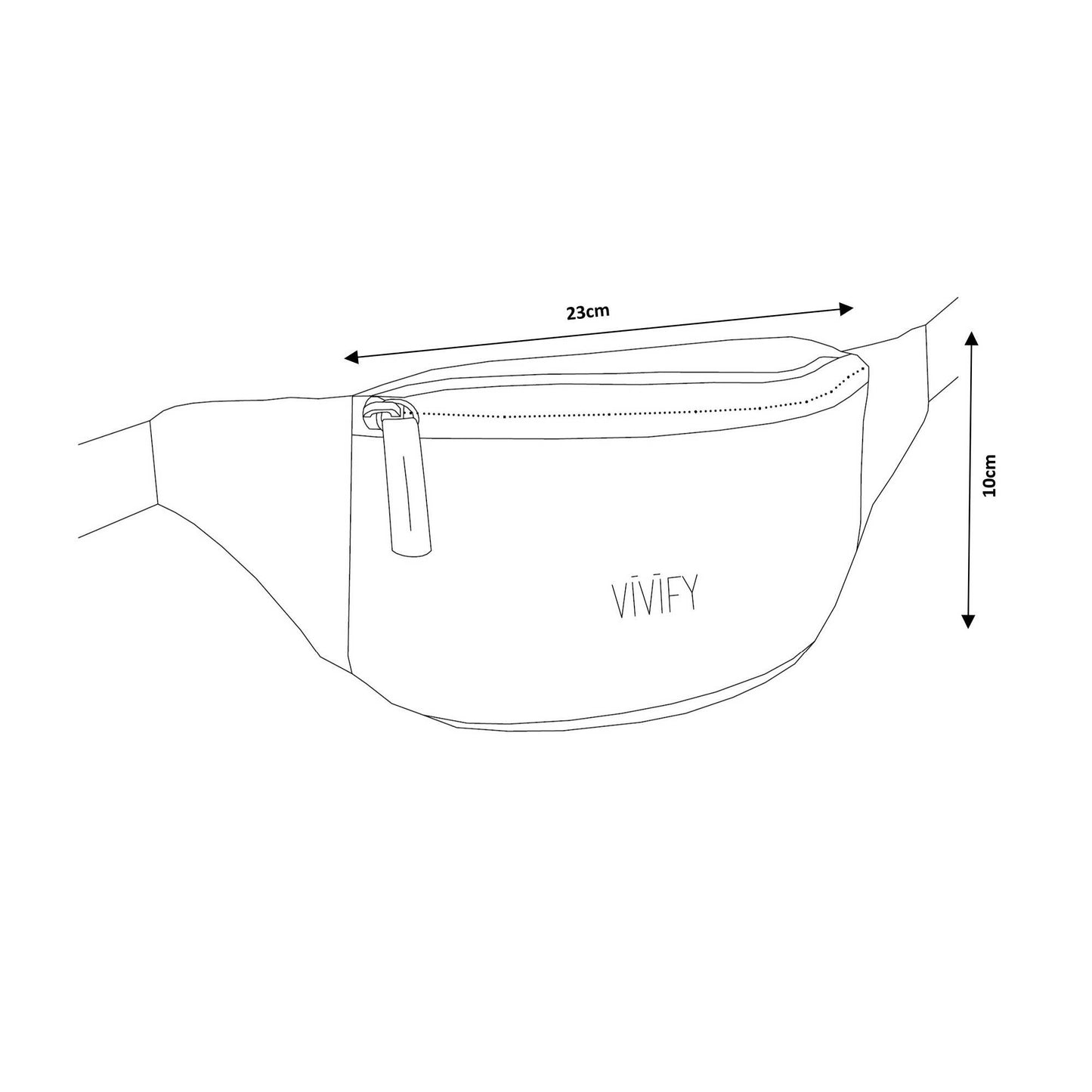 Outline of a waist bag with dimensions and the brand 'VIVIFY' on a white background
