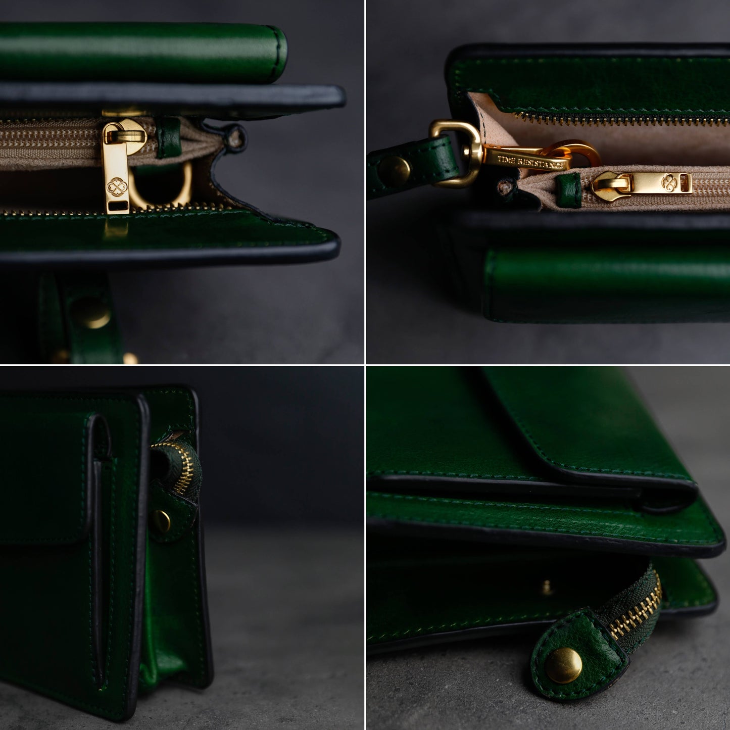 Green leather clutch bag with gold zipper and hardware on a dark background