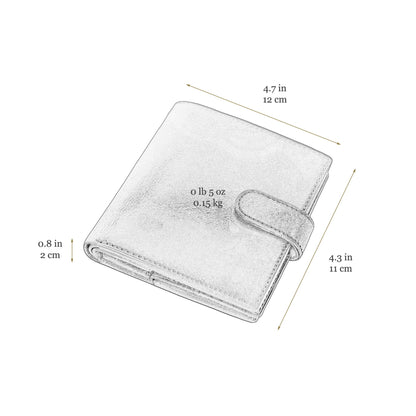 Measurement chart of a folded wallet with dimensions and weight details.