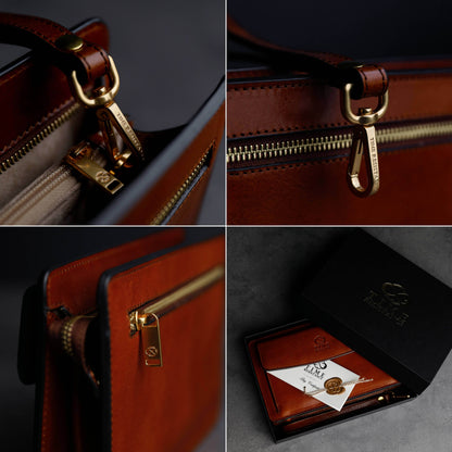 Collage of a brown leather bag with gold zipper and brand logo on a dark background