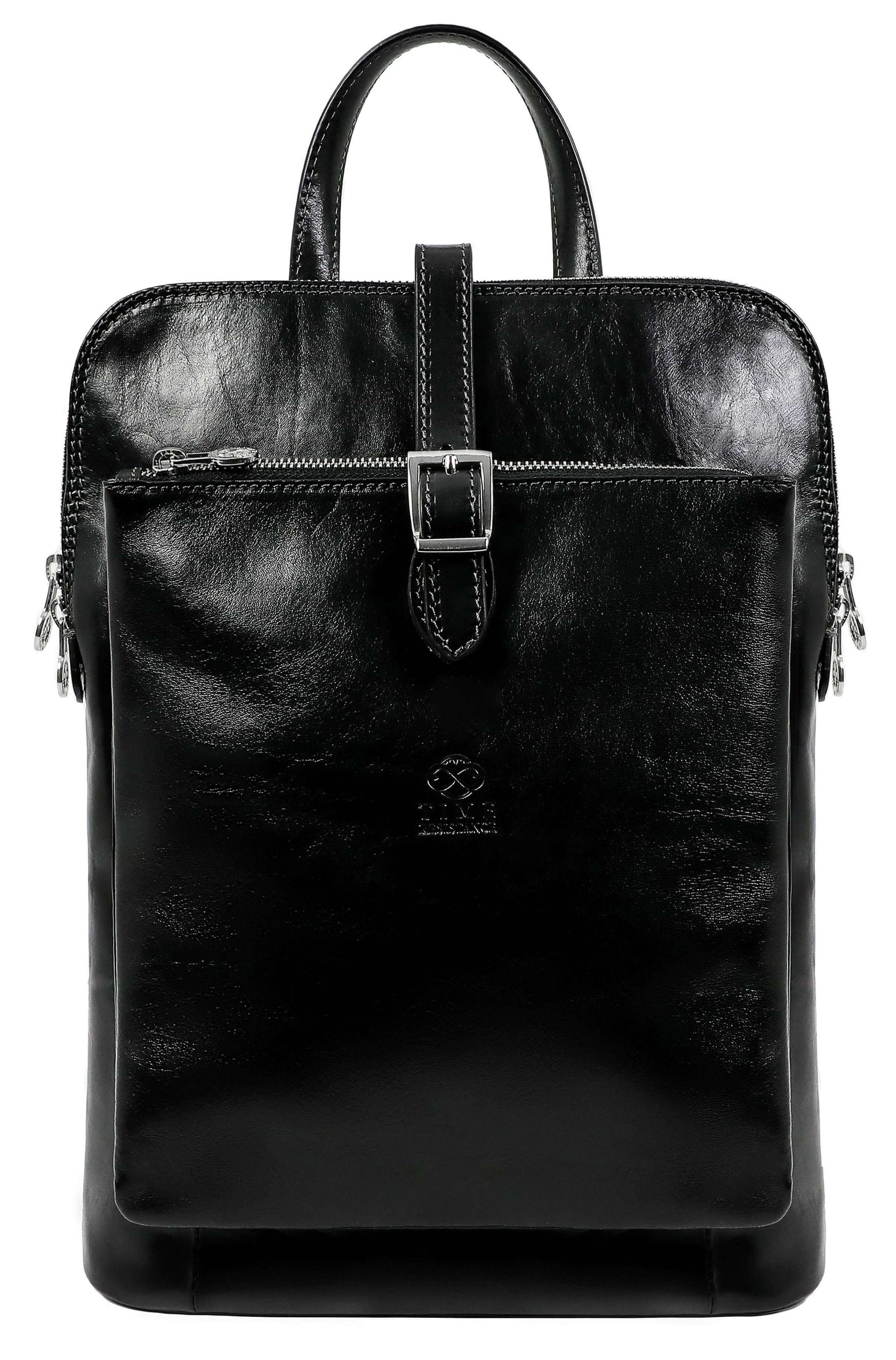Black leather backpack with a buckle on a white background