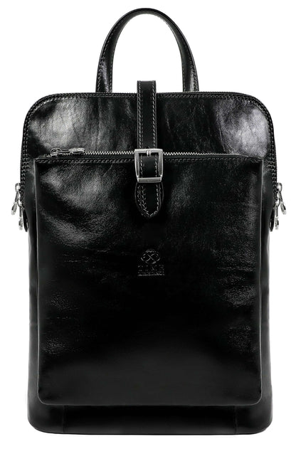 Black leather backpack with a buckle on a white background