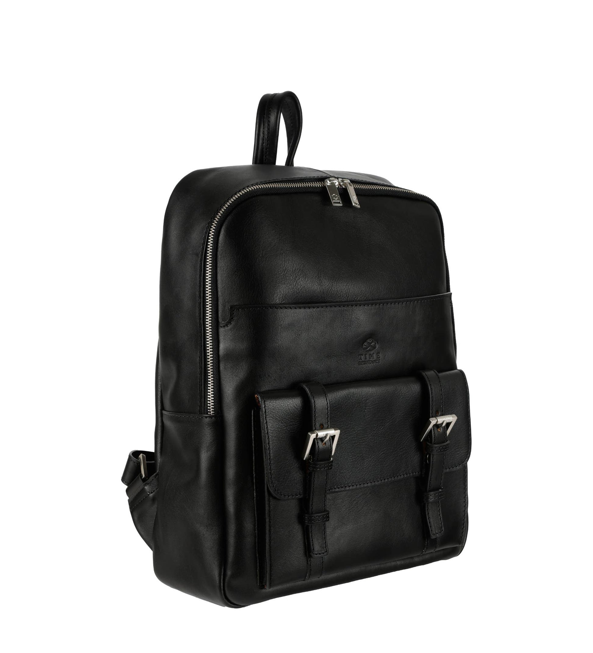 Black leather backpack on a white background