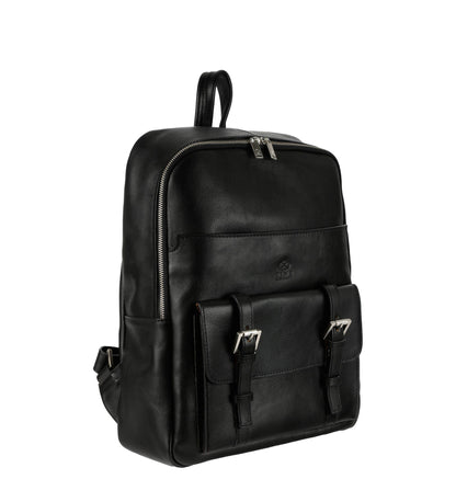 Black leather backpack on a white background