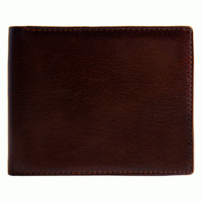 A brown leather bifold wallet with a smooth texture, shown in a closed position.