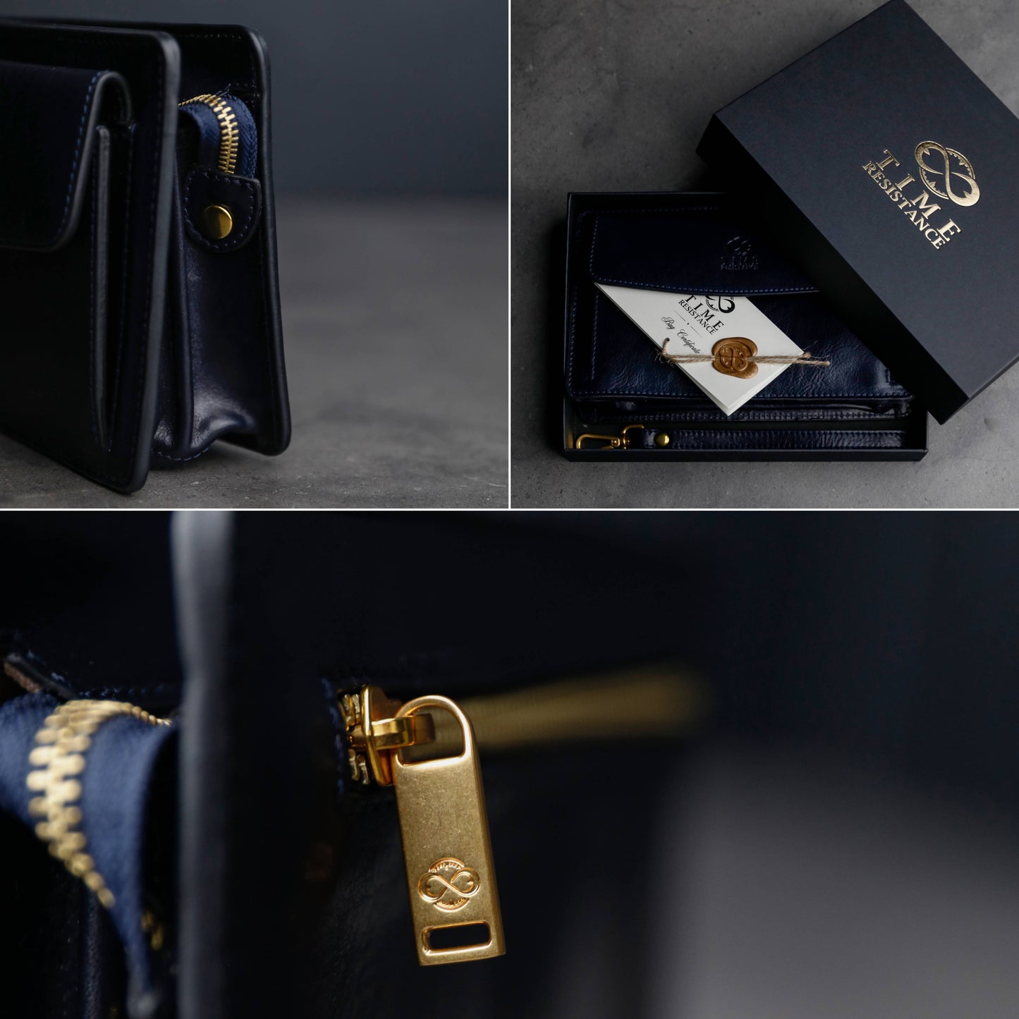 Collage of a black leather wallet with gold accents, including close-ups of the wallet and gold zipper pull.