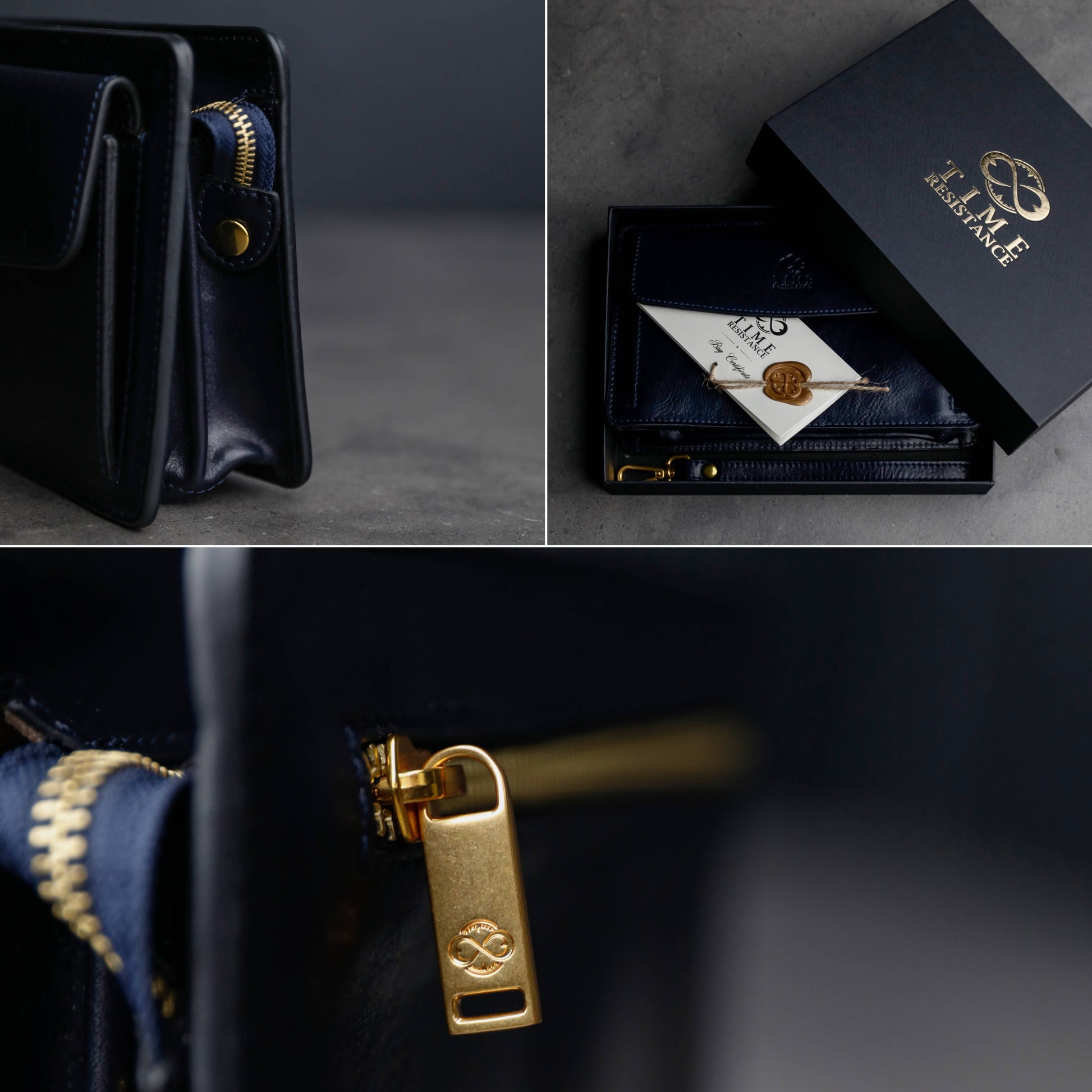 Collage of a black leather wallet with gold accents, including close-ups of the wallet and gold zipper pull.
