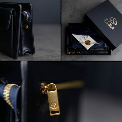 Collage of a black leather wallet with gold accents, including close-ups of the wallet and gold zipper pull.