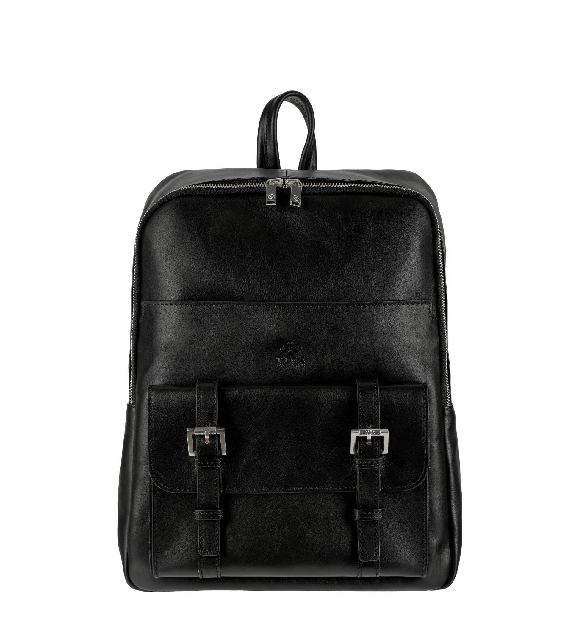 Black leather backpack on a white background