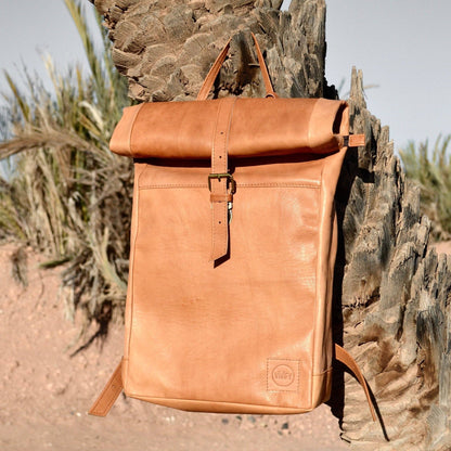 Brown leather backpack on a rocky surface with desert plants in the background