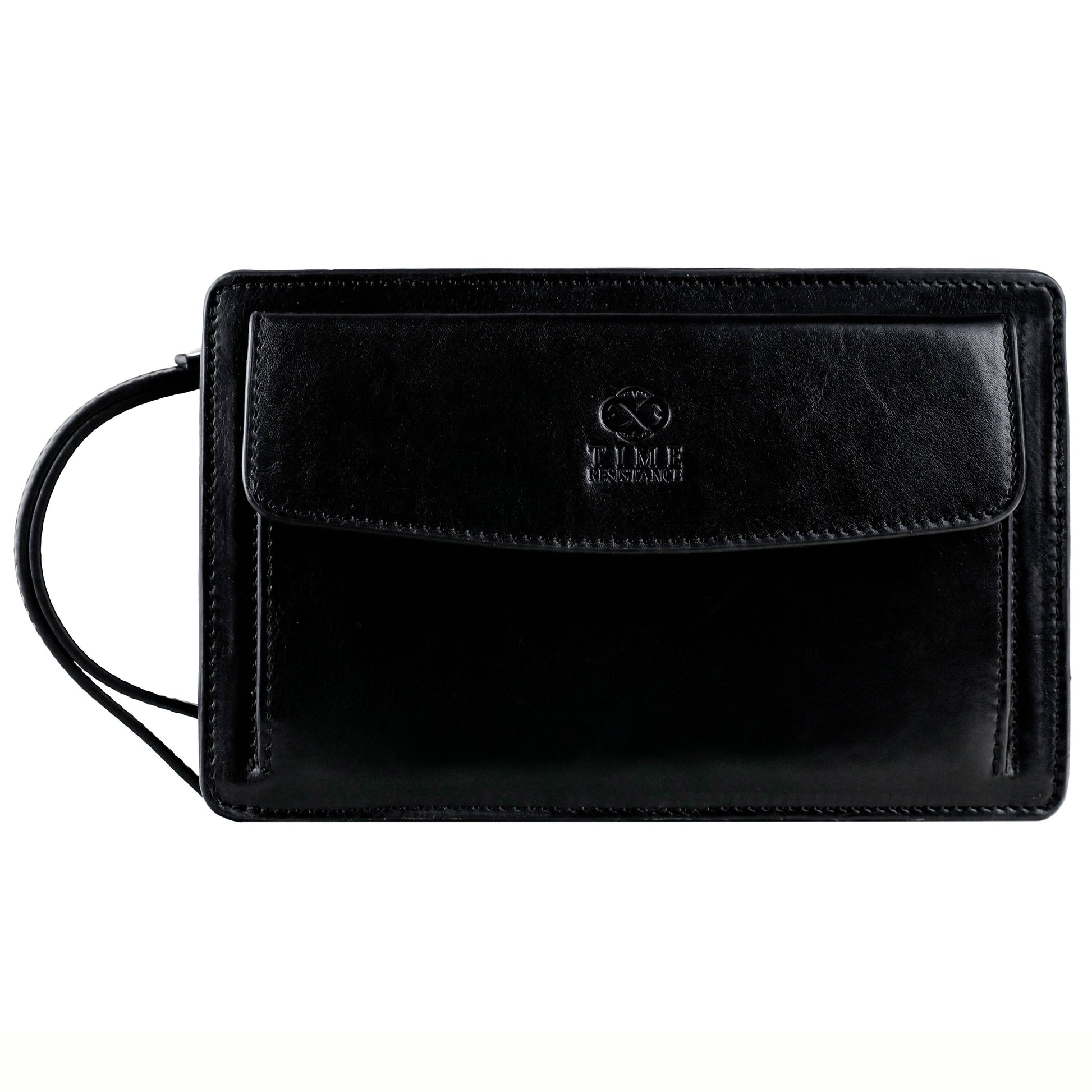 Black leather clutch bag with a strap on a white background