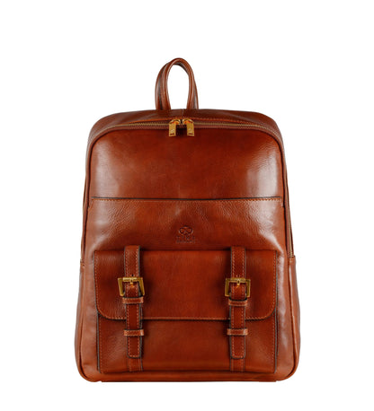 Brown leather backpack on a white background