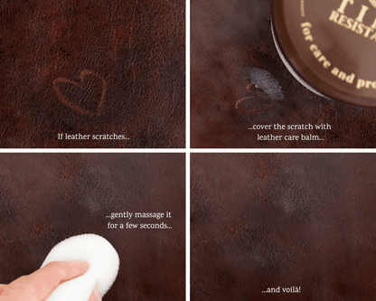 Step-by-step guide showing leather balm application to cover scratches on leather.