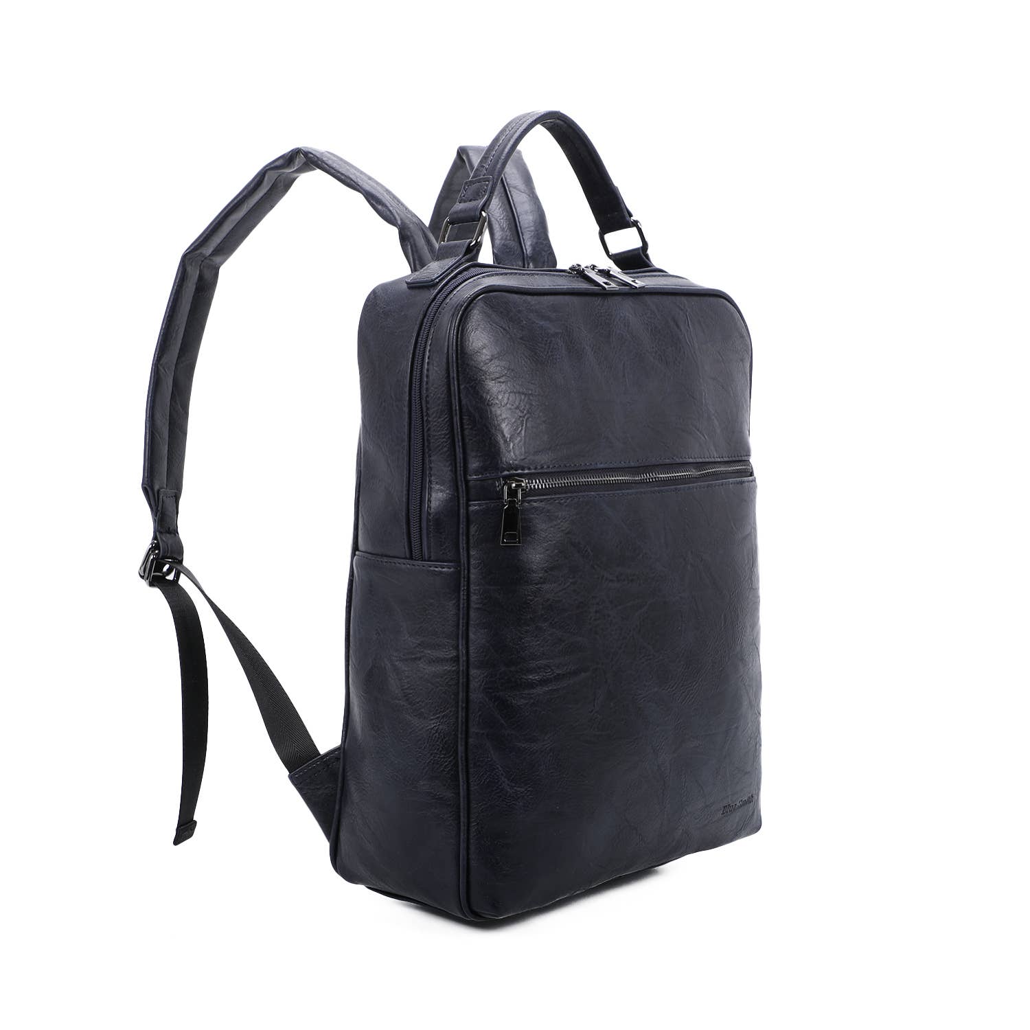 Black leather backpack on a white background
