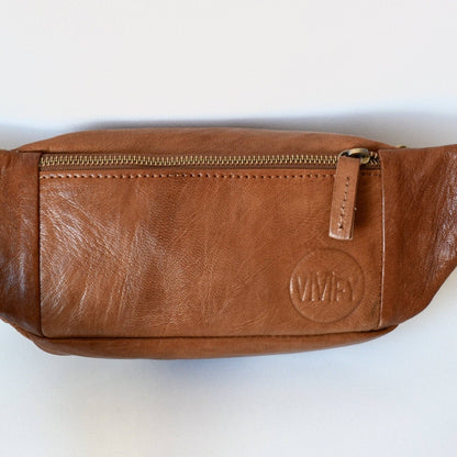 Brown leather waist bag with a visible brand logo on a white background
