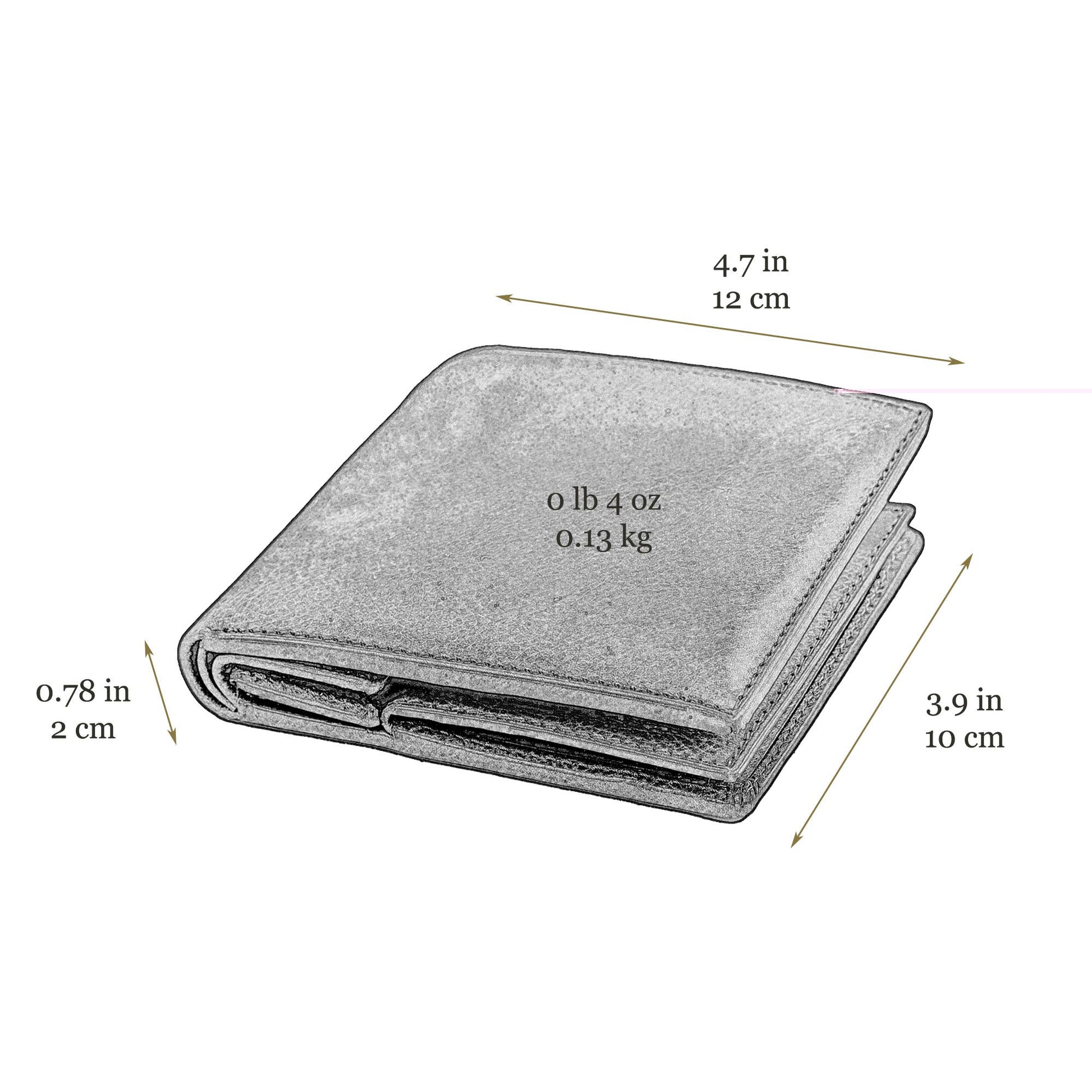 Gray wallet with measurements indicated on a white background
