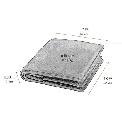 Gray wallet with measurements indicated on a white background