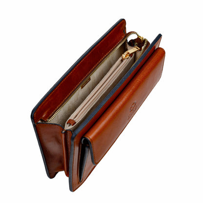 Brown leather wallet with gold zipper on a white background