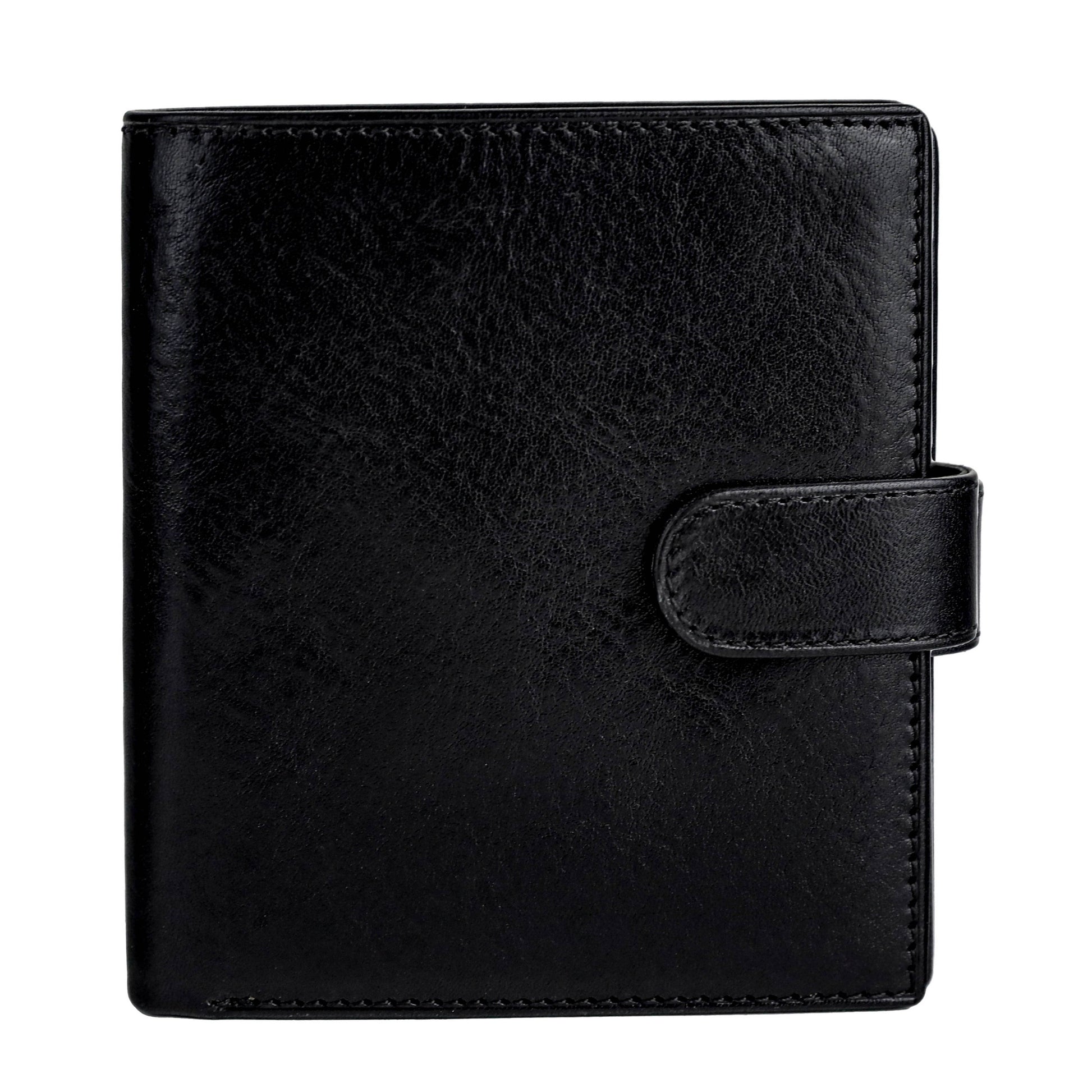 A brown leather bifold wallet with a snap closure.
