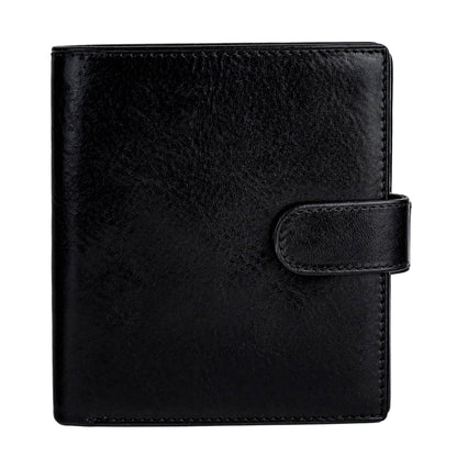 A brown leather bifold wallet with a snap closure.