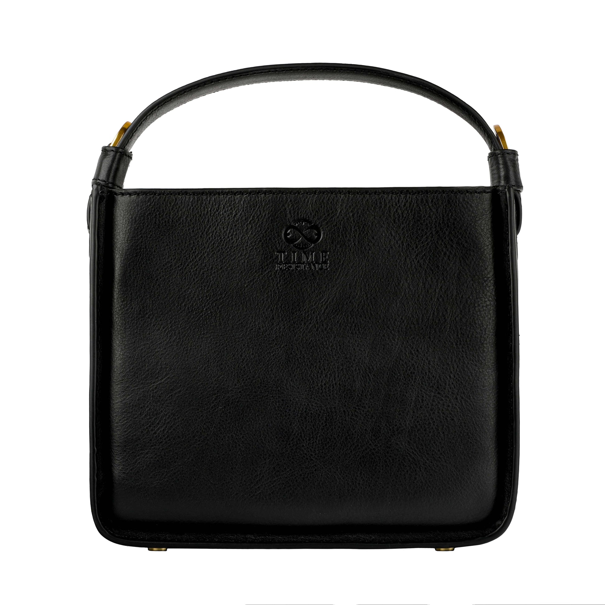 Women leather handbag 'Alms for Oblivion' in black full-grain cowhide with a detachable shoulder strap.