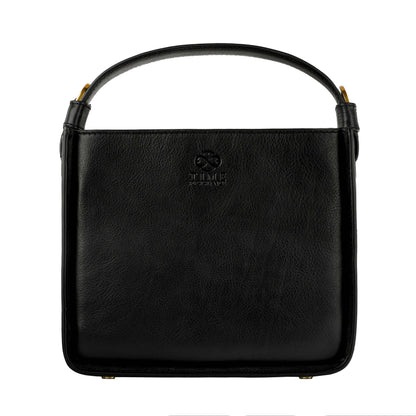Women leather handbag 'Alms for Oblivion' in black full-grain cowhide with a detachable shoulder strap.