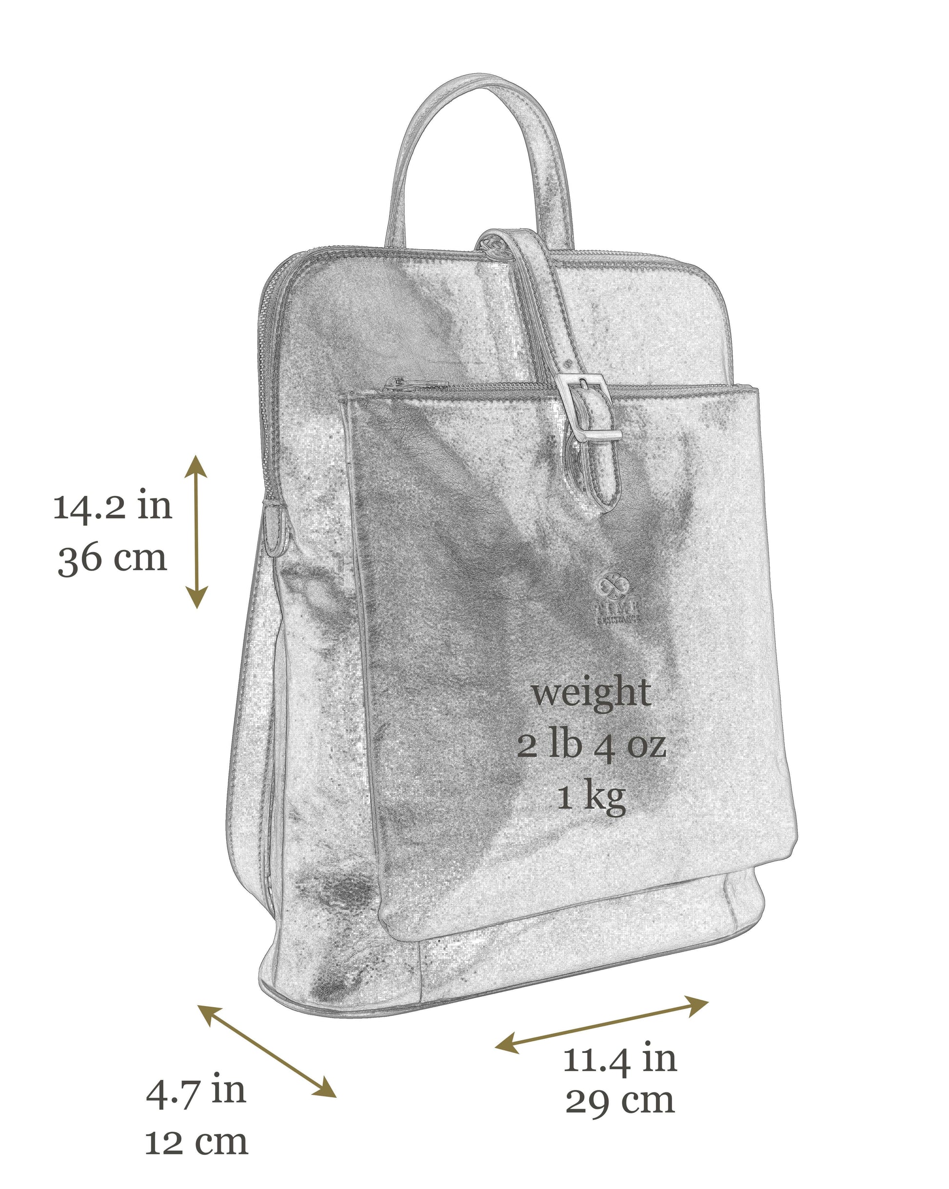 Gray backpack with measurements and weight details on a white background
