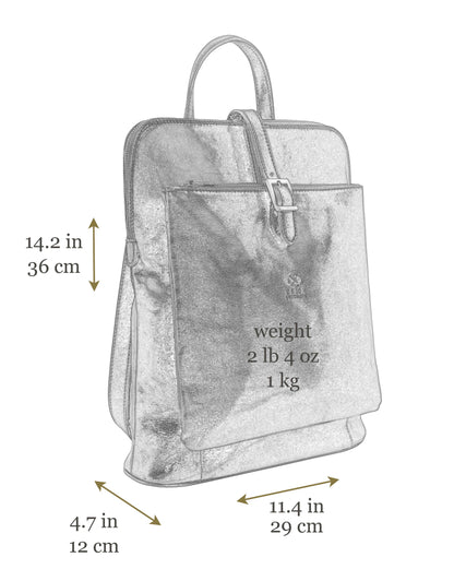 Gray backpack with measurements and weight details on a white background