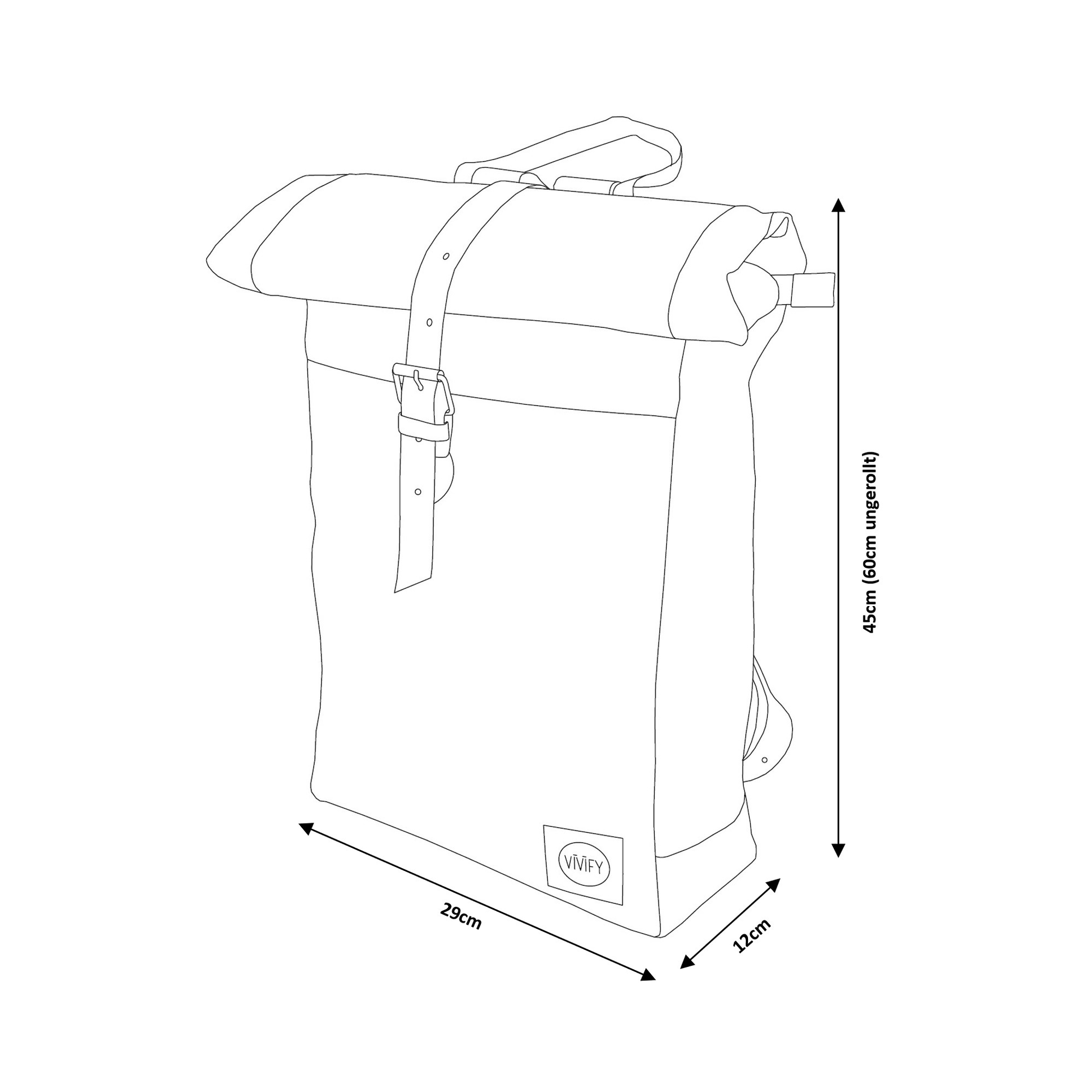 Line drawing of a backpack with dimensions labeled