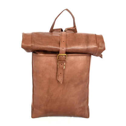 Brown leather backpack on a white background
