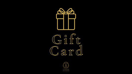 Stylish Gift Card design featuring a golden present logo by Terra Aeterna on a black background.