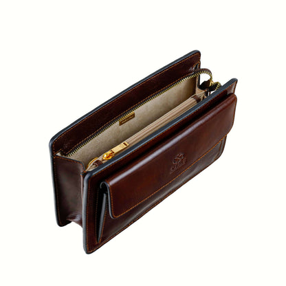 Brown leather wallet with gold zipper on a white background