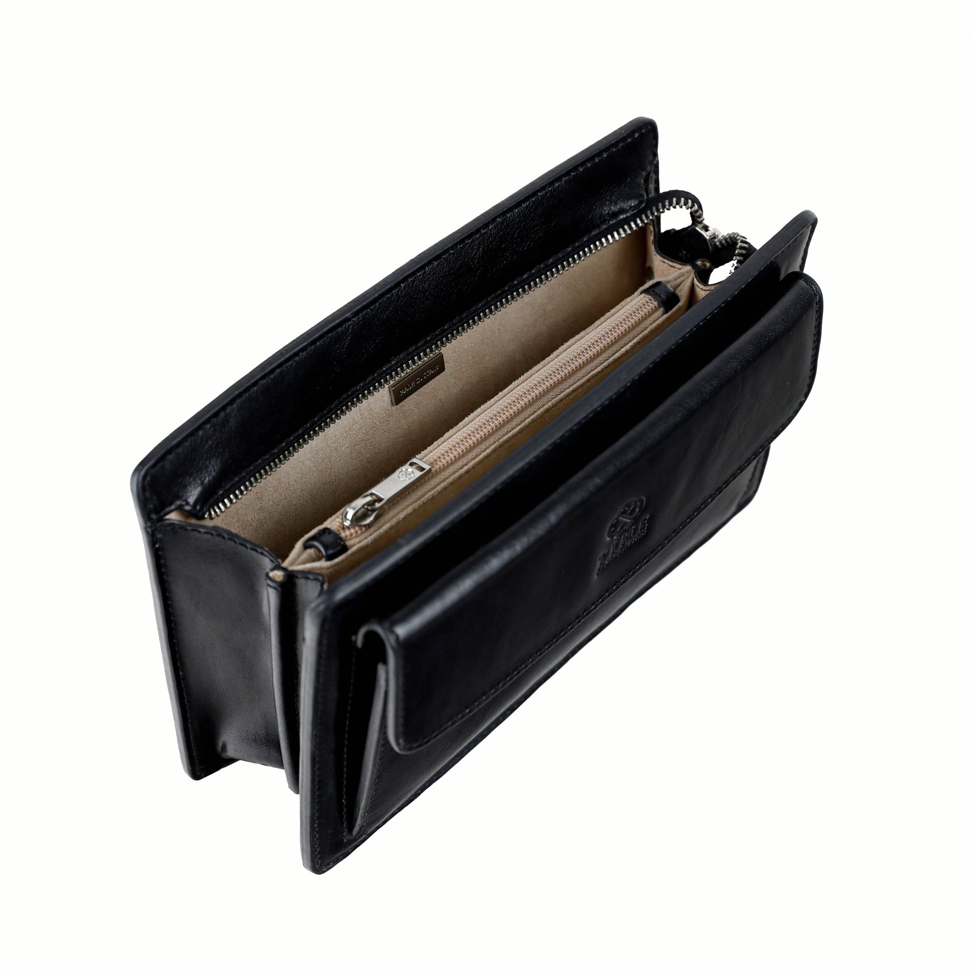 Black leather wallet with open design on a white background
