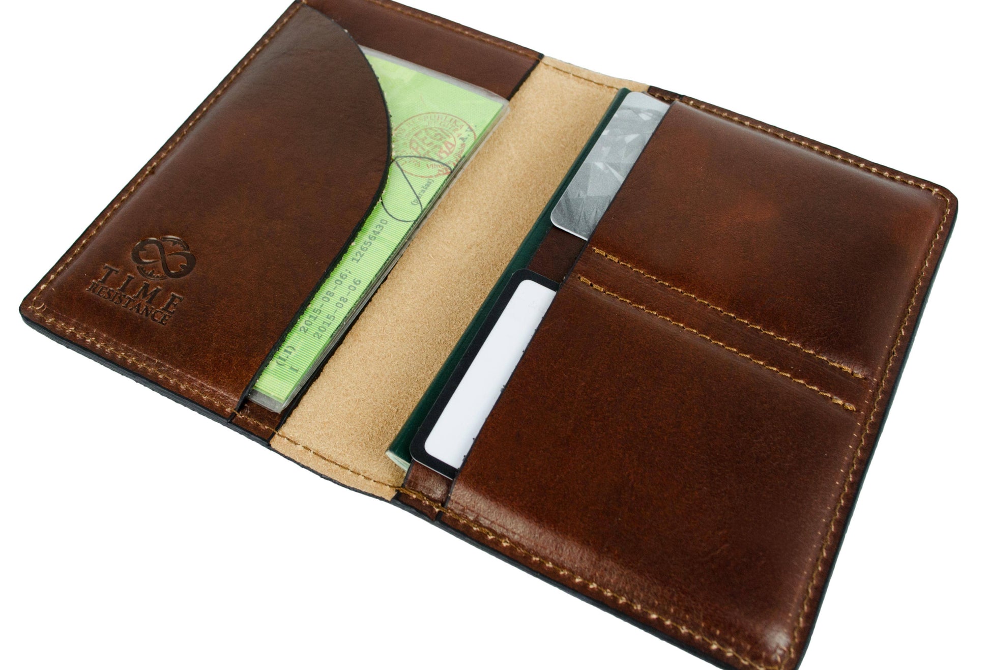 Brown leather wallet with card slots on a white background