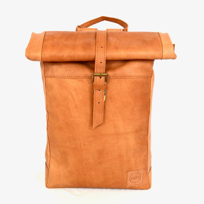 Brown leather backpack on a white background