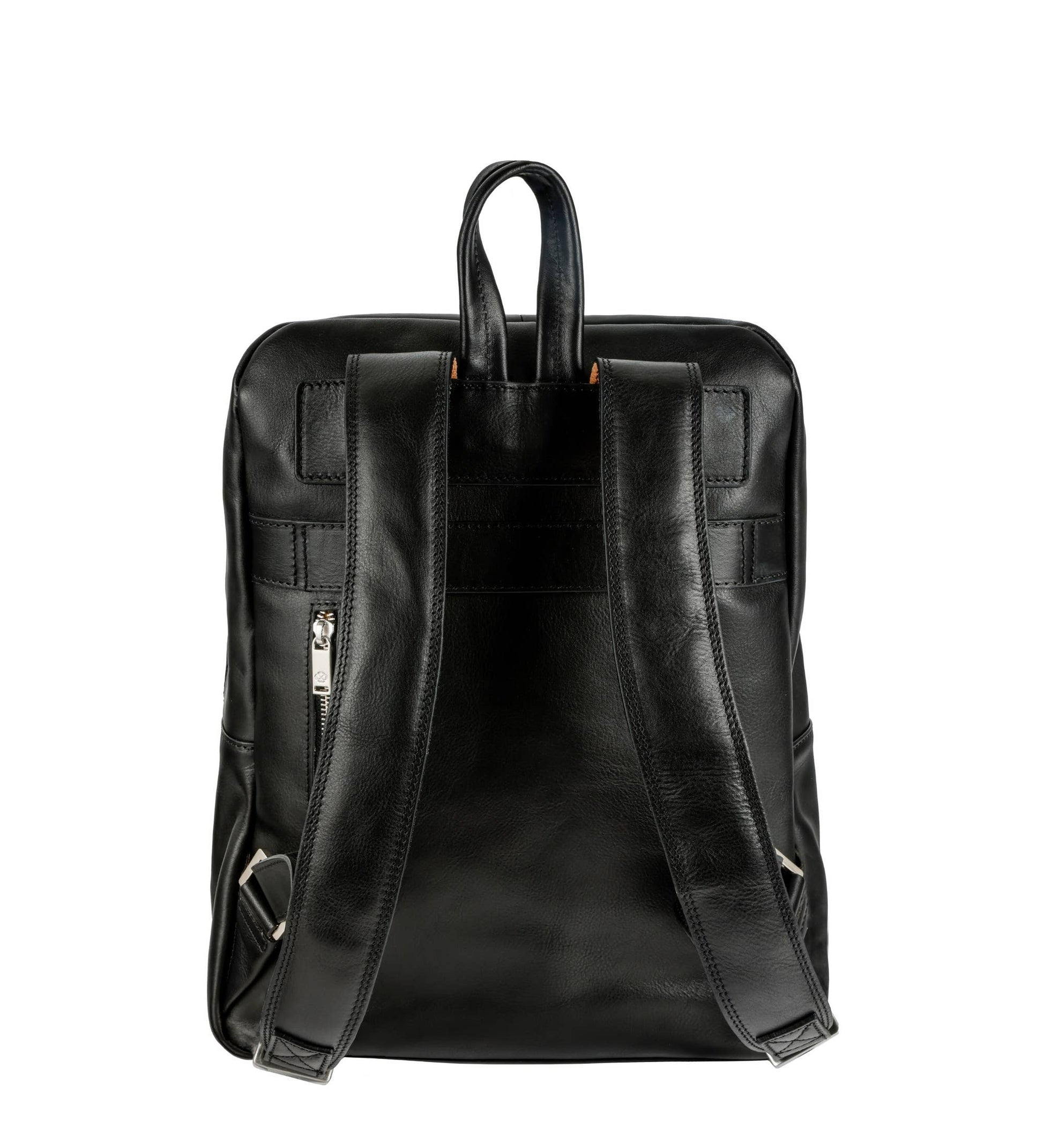 Black leather backpack on a white background
