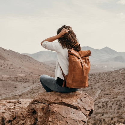 Person with a brown backpack sitting on a rock overlooking a desert landscape with mountains.