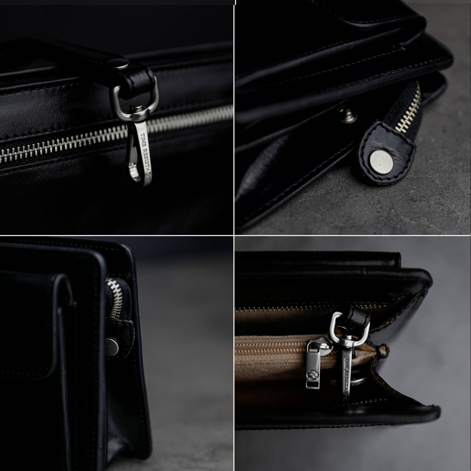 Close-up of a black leather bag with zipper details on a dark background