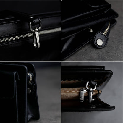Close-up of a black leather bag with zipper details on a dark background